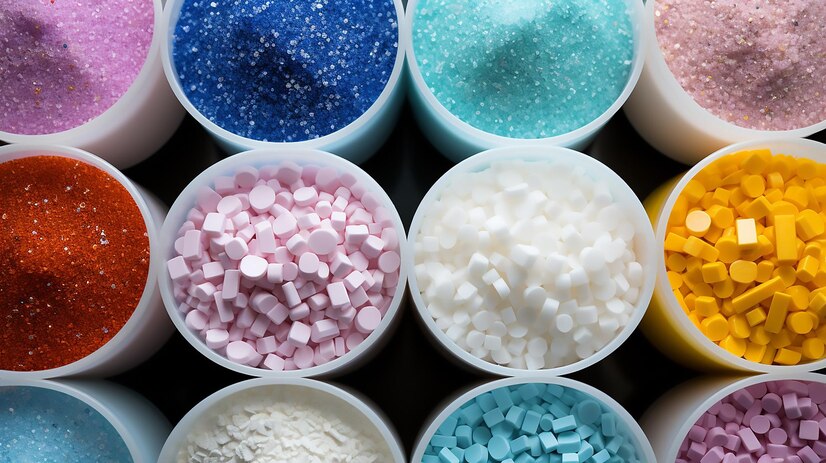 Colorful polymer granules stored in containers as raw materials for industrial and consumer goods