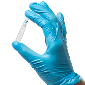 Gloved hand holding a pharmaceutical vial representing the Pharmaceuticals product range